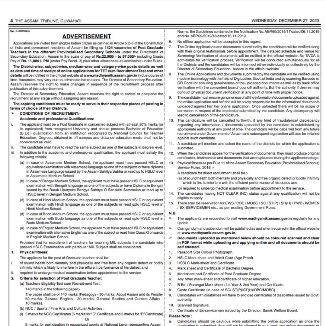 DSE Assam PGT Recruitment 2024: 1424 Teaching Vacancies Available