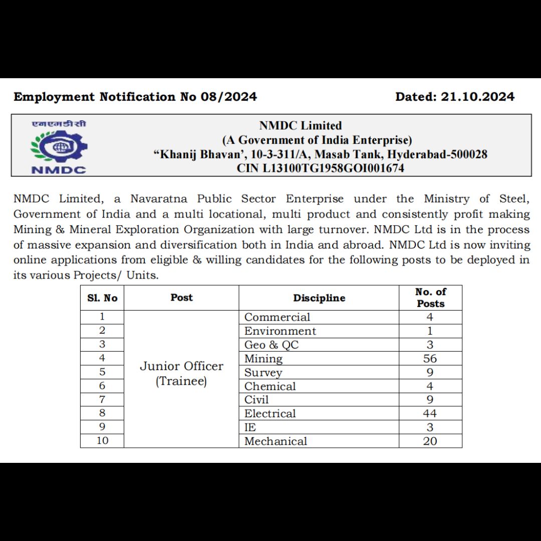 NMDC Junior Officer Trainee Recruitment 2024: 153 Vacancies Available